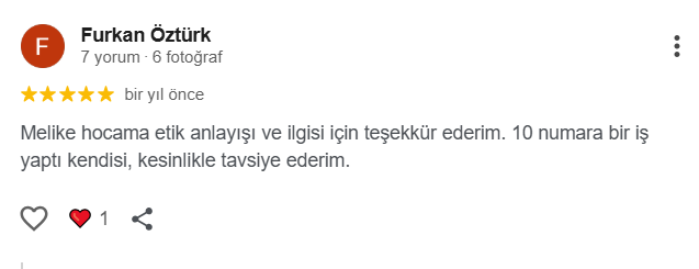 Furkan Öztürk — 5 yıldız: Dt. Melike Ermiş'in ilgisi için teşekkür, kesinlikle tavsiye eder.